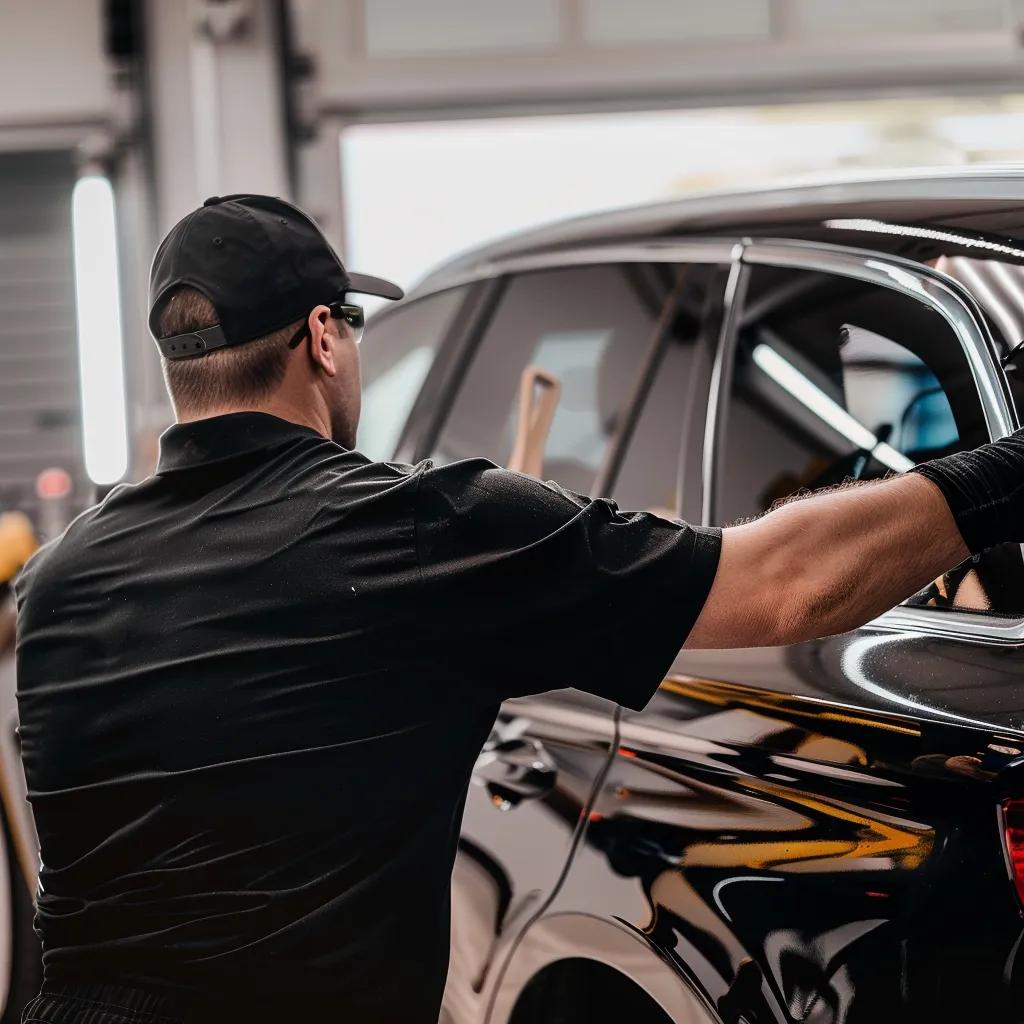 Professional installer applying window tint to a car, showcasing expert installation