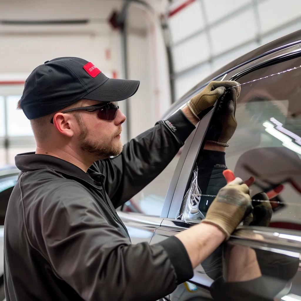 Professional installer applying window tint to a car window, showcasing expert installation